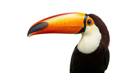 Naklejka premium Close-up portrait of a Toco Toucan with large colorful orange and yellow beak isolated PNG with Transparent Background