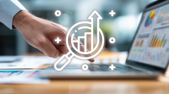 Business hand analyzing growth chart with magnifying glass over laptop showing financial data. Corporate professional examining upward-trending business metrics, focusing on market insights - Powered by Adobe