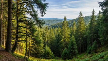 A serene forest landscape with tall evergreen trees and a clear blue sky.