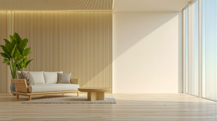 大きな窓から光が差し込む木製ルーバー壁と白いソファのあるモダンなリビングルーム