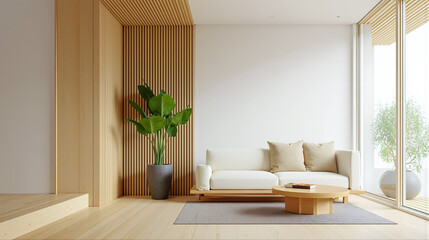 木製のルーバー壁と白いソファがあるモダンで明るいリビングルームのインテリア