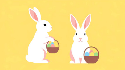 Two white Easter bunnies holding baskets with colorful painted eggs against a bright yellow background in a flat design style.