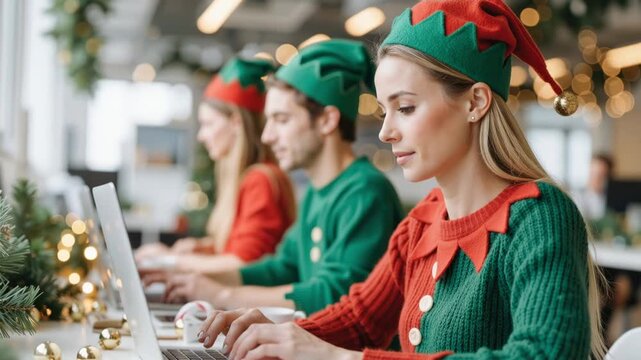 employees dressed in christmas elf outfits work on laptops in a decorated office environment, creating a cheerful holiday workplace atmosphere