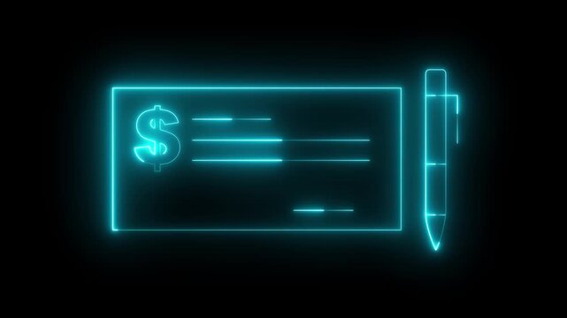 neon Bank check and pen icon isolated on black background. Checkbook icon cheque page with empty fields. Bank check icon animation financial transaction concept. 