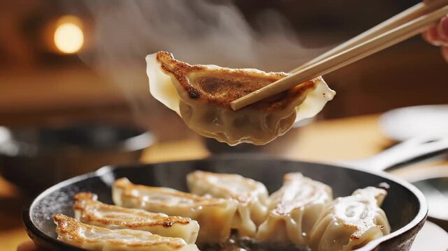 Steaming hot golden fried dumplings in cast iron skillet being picked up with chopsticks delicious asian cuisine food