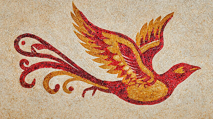A red and yellow mosaic art depiction of a winged bird with long tail feathers