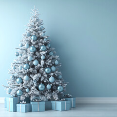 White Christmas tree decorated with blue ornaments and gifts, creating a festive winter holiday scene with ample copy space for seasonal designs