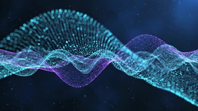 Seamlessly looping abstract visualization of quantum probability waves flowing across a deep blue background flowing, particle, abstract