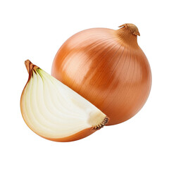 Closeup of a whole and sliced brown onion isolated on transparent background, showcasing its layers and texture, perfect for culinary and healthy eating concepts