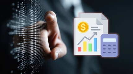 Business hand interacting with digital icon of financial document, bar chart, dollar coin, and calculator—representing financial analysis, budget tracking, revenue growth, and monetary data management