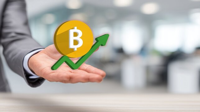 Business hand holding Bitcoin icon with upward green arrow—representing cryptocurrency growth, digital currency investment, crypto market trend, and blockchain asset appreciation in professional offic - Powered by Adobe