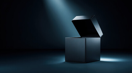 A black box with a slightly opened lid is dramatically illuminated by a single spotlight against a dark backdrop, creating an atmosphere of mystery and intrigue.