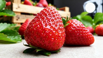 Macro strawberries at organic berry shop, ultra-close detail