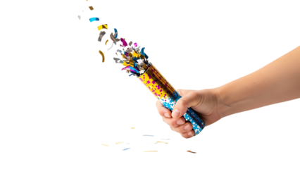 Hand Holding a Festive Confetti Popper with Colorful Confetti Exploding