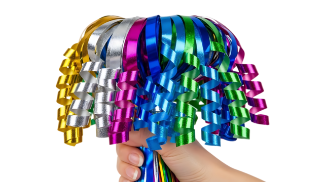Hand Holding a Vibrant Bouquet of Shiny Metallic Curly Party Ribbons on Black - Powered by Adobe