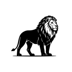 Obraz premium A striking black and white vector illustration of a majestic male lion in a proud, standing pose, showcasing its powerful build and impressive, flowing mane.