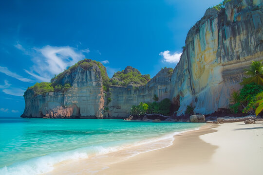 A stunning tropical beach scene featuring pristine white sand, crystal-clear turquoise ocean water, and gentle waves. The background is dominated by dramatic, steep limestone (karst) cliffs under a br - Powered by Adobe