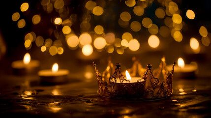 The focus is on the lit candle and the golden light bokeh behind it