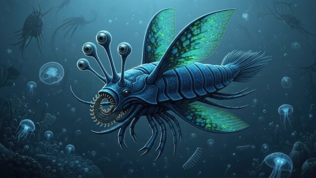 A blue and green sea creature with a large mouth and tentacles, swimming in a dark ocean with jellyfish and bubbles. - Powered by Adobe