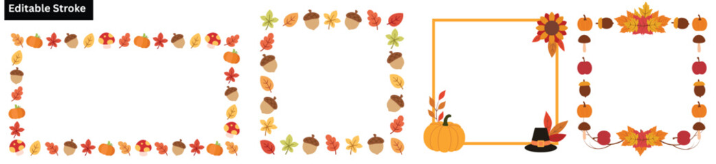 Fototapeta premium Autumn Fall Leaves, Pumpkin and Thanksgiving Decorative Frame Border Elements Set.