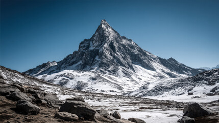 A majestic snow-capped mountain peak rises dramatically against a clear blue sky, with rocky terrain and patches of snow visible in the foreground landscape.