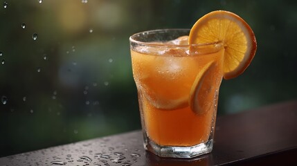 A chilled orange flavored beverage with ice and fresh citrus slices glistening with condensation on a wet surface during a gentle rainfall