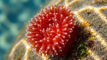 A vibrant red sea anemone on a sandy substrate with a blurred blue background.