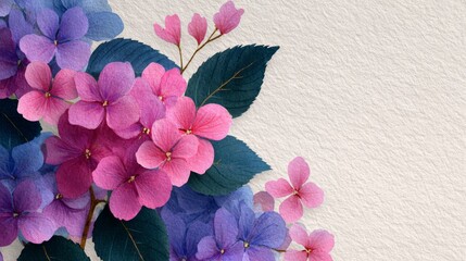 Vibrant Watercolor Hydrangea Flowers in Pink, Purple and Blue on Textured Paper Background