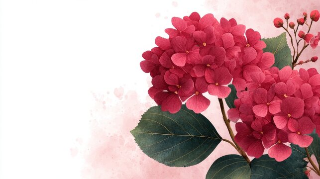 Vibrant red hydrangea flowers with lush green leaves on artistic watercolor background