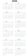 Year 2026 calendar planner with all months and dates displayed