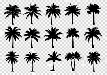 Fototapeta premium Collection of Silhouette Palm Trees Various Types and Styles Realistic Vector Illustrations for Tropical Designs