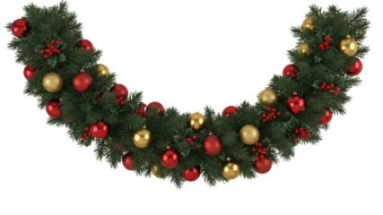 Festive Christmas pine garland arc decorated with red and gold baubles isolated on white background