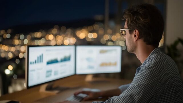 A data analyst reviewing animated sequences of charts and trend lines on multiple monitors, highlighting patterns evolving frame by frame &mdash; business intelligence visualization, predictive