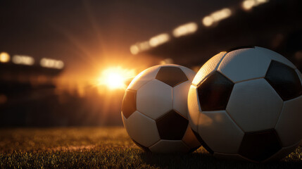 Two classic soccer balls rest peacefully on the grass field illuminated by the warm glow of the setting sun in the background of an expansive outdoor stadium.