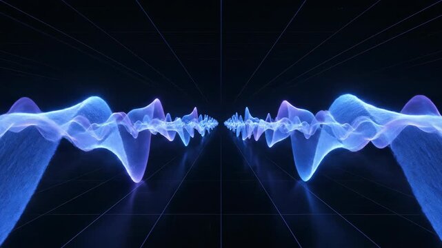 Seamlessly looping blue and purple sound waves pulsing across a deep blank digital void creating harmonic resonance spectrum, meditation, looping