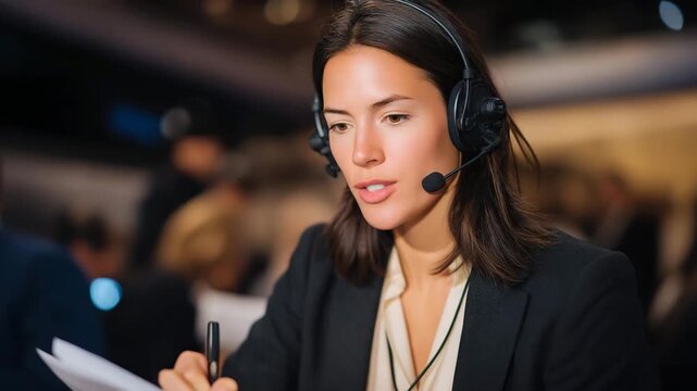 A focused interpreter listening intently through headphones at a diplomatic summit, hands moving quickly across notes as delegates speak &mdash; global diplomacy, cross-cultural understanding, and