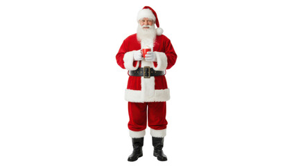 Santa Claus standing in full suit holding a red present box for holiday advertising
