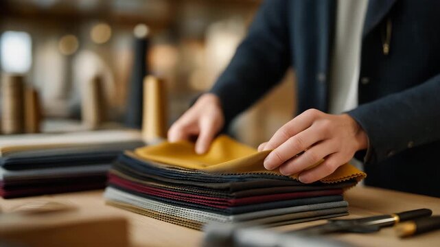 A hand flipping through a stack of colorful fabric swatches beside sewing tools &mdash; textile design workflow, fashion industry creativity, handmade craftsmanship, and small business production.
