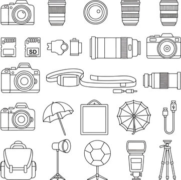 Collection of photography equipment icons including cameras lenses memory cards tripod flash light and accessories vector illustration