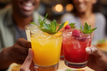 Diverse group celebrating with colorful cocktails in social gathering