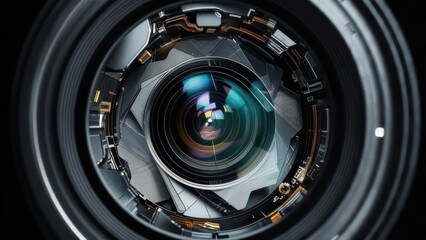 Close-up View of a Camera Lens with Intricate Internal Mechanisms.
