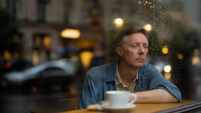 A man sits alone at a café, staring through a rain-streaked window, a half-empty cup beside him. Outside, the city moves on, but inside, time slows &mdash; a portrait of solitude and introspection