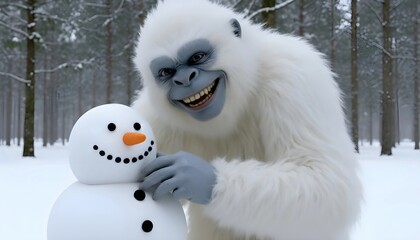 A friendly-looking, white-furred Yeti with blue skin builds a snowman in a snowy forest, grinning broadly.