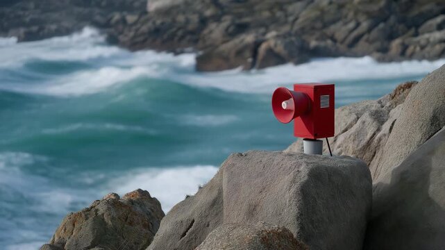A coastal tsunami warning siren mounted near a rocky shoreline, flashing red as powerful waves crash behind it &mdash; natural disaster readiness, coastal safety infrastructure, and striking