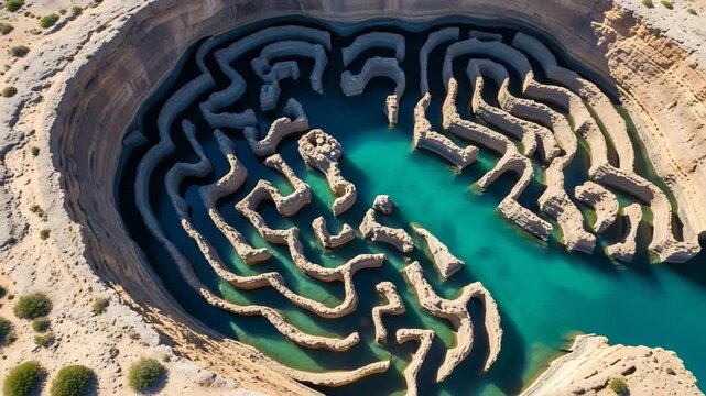 Stunning aerial view of unique desert lake formation resembling a brain structure or labyrinth.