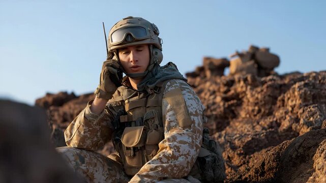 A communications operator on the battlefield relaying urgent coordinates over a radio while crouched in a crater, maps and gear scattered around &mdash; tactical coordination, real-time mission updates,