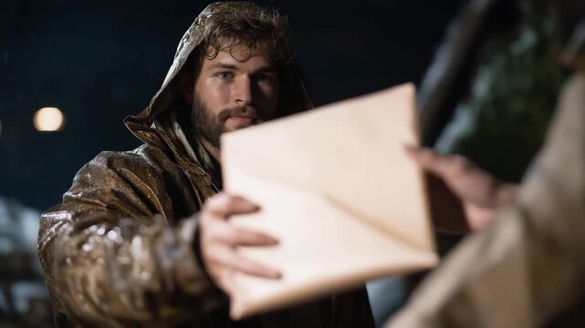 A community leader delivering food door-to-door during a storm, soaked coat clinging to them while they keep going &mdash; service-driven sacrifice, neighborhood support, and relentless compassion.