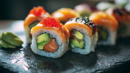 Delicious sushi rolls on a black slate plate with vibrant colors and fresh ingredients, perfect for culinary photography and food styling inspiration