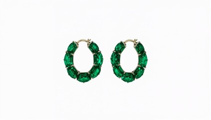 Emerald gemstone hoop earrings bold luxurious radiant deep green shine on plain white background