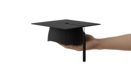 Hand holding black graduation cap isolated on white background for academic success concept